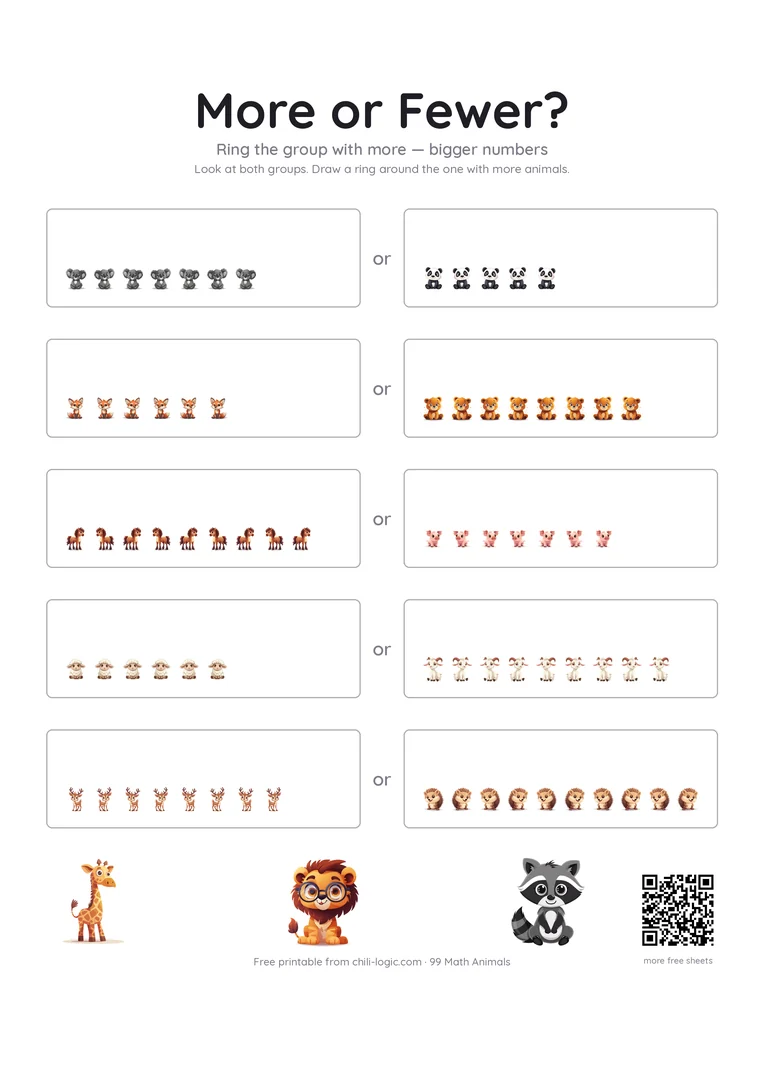 Comparing worksheet page 2: five pairs of animal groups with larger counts, ring the bigger group.