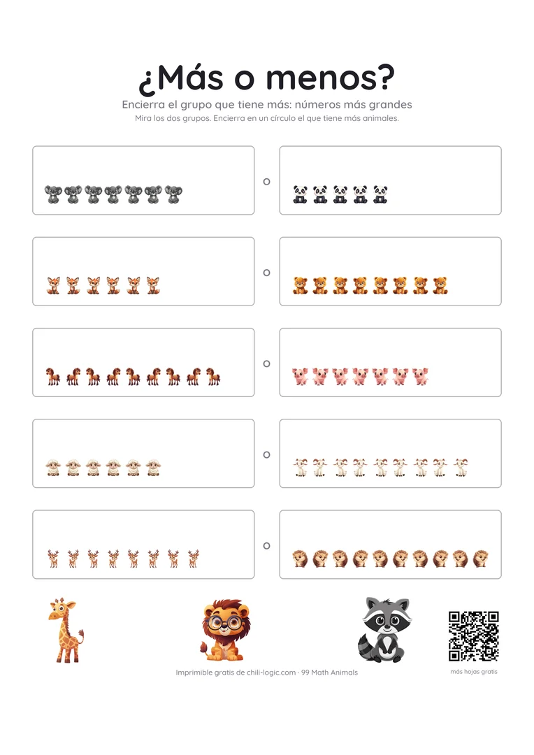 Hoja para comparar, página 2: cinco pares de grupos de animales con cantidades mayores; hay que encerrar el grupo más grande.
