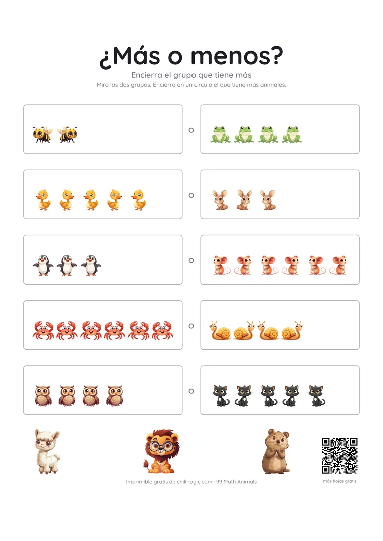 Hoja para comparar cantidades: dos grupos de animales lado a lado; hay que encerrar el grupo que tiene más.