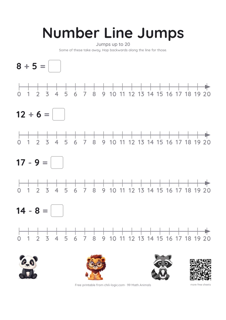 Number line page 2: four empty lines from 0 to 20, with two additions and two subtractions.