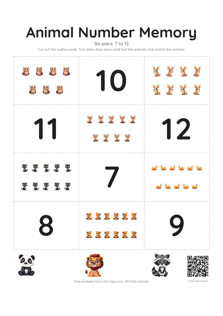 Memory cards page 2: twelve cards to cut out, six groups of seven to twelve animals and the matching numbers.