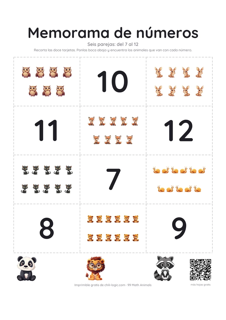 Memorama, página 2: doce tarjetas para recortar, seis grupos de siete a doce animales y los números que les corresponden.