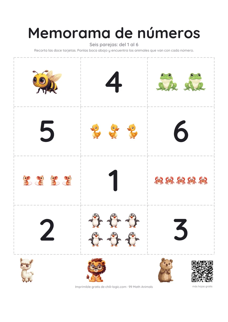 Memorama para imprimir: doce tarjetas para recortar, seis con grupos de animales y seis con números.