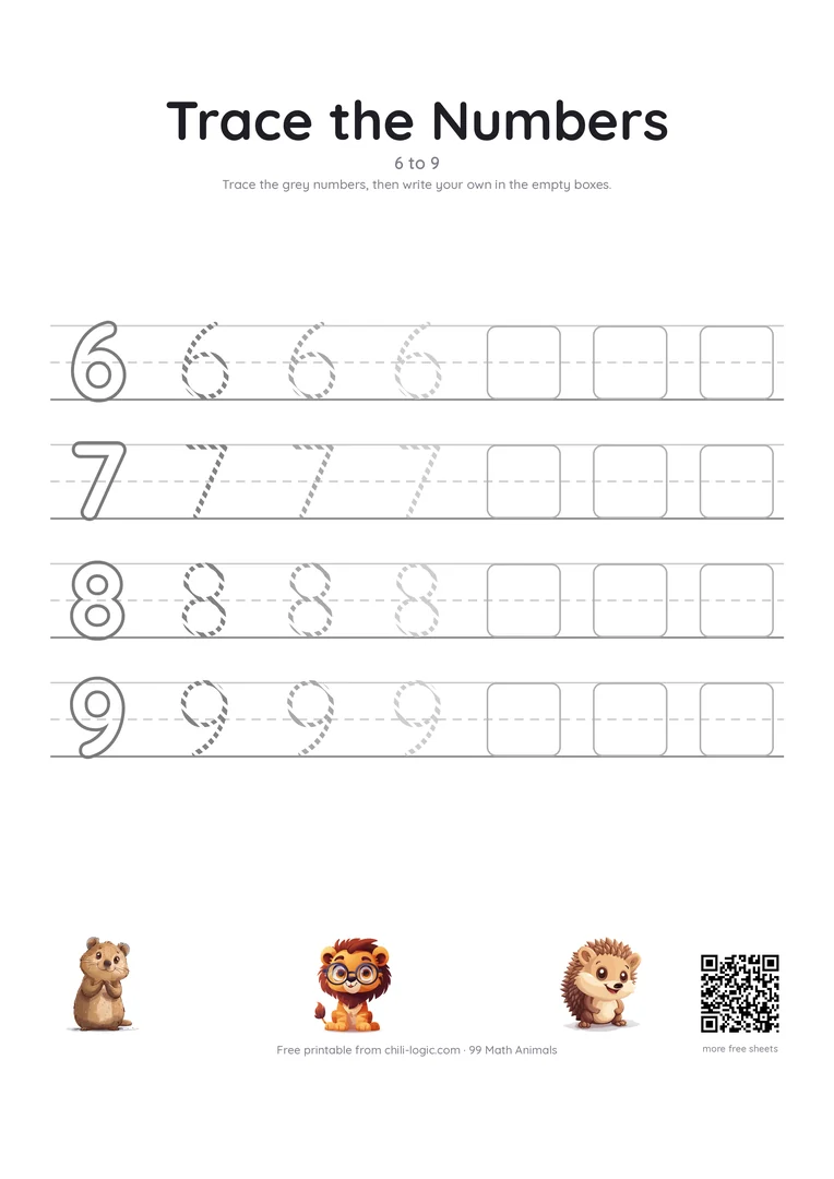 Number tracing worksheet, page 2: digits 6 to 9 with an outlined model, fading dashed copies and empty writing boxes.
