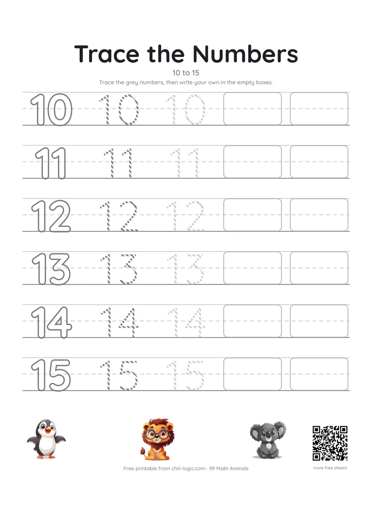 Number tracing worksheet, page 3: numbers 10 to 15 laid out in ruled rows with tracing models and empty boxes.