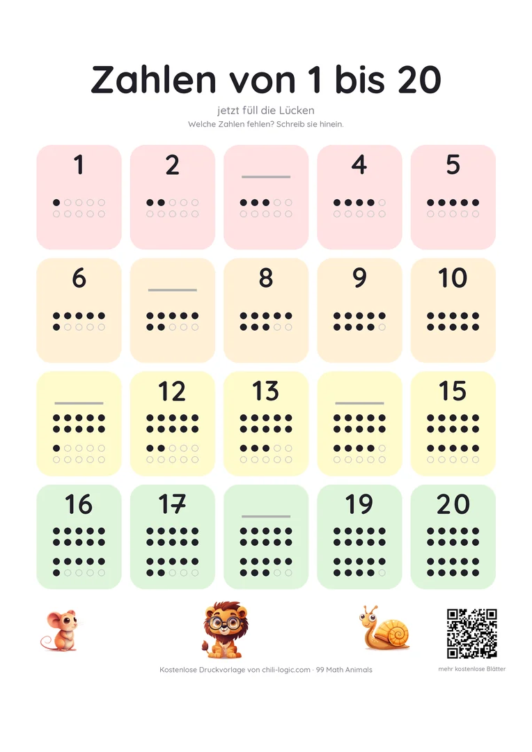 Zahlentafel 1–20 mit fünf fehlenden Zahlen zum Eintragen, die Punkte als Hinweis belassen.