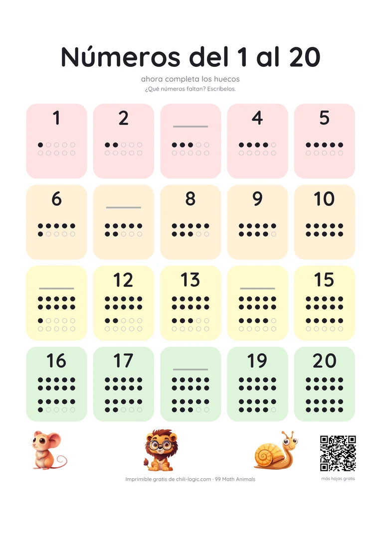 Tabla del 1 al 20 con cinco números faltantes para completar, con los puntos como pista.