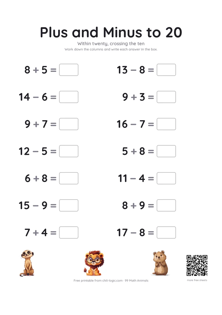 Plus and minus to 20, page 2: fourteen mixed problems that cross the ten.