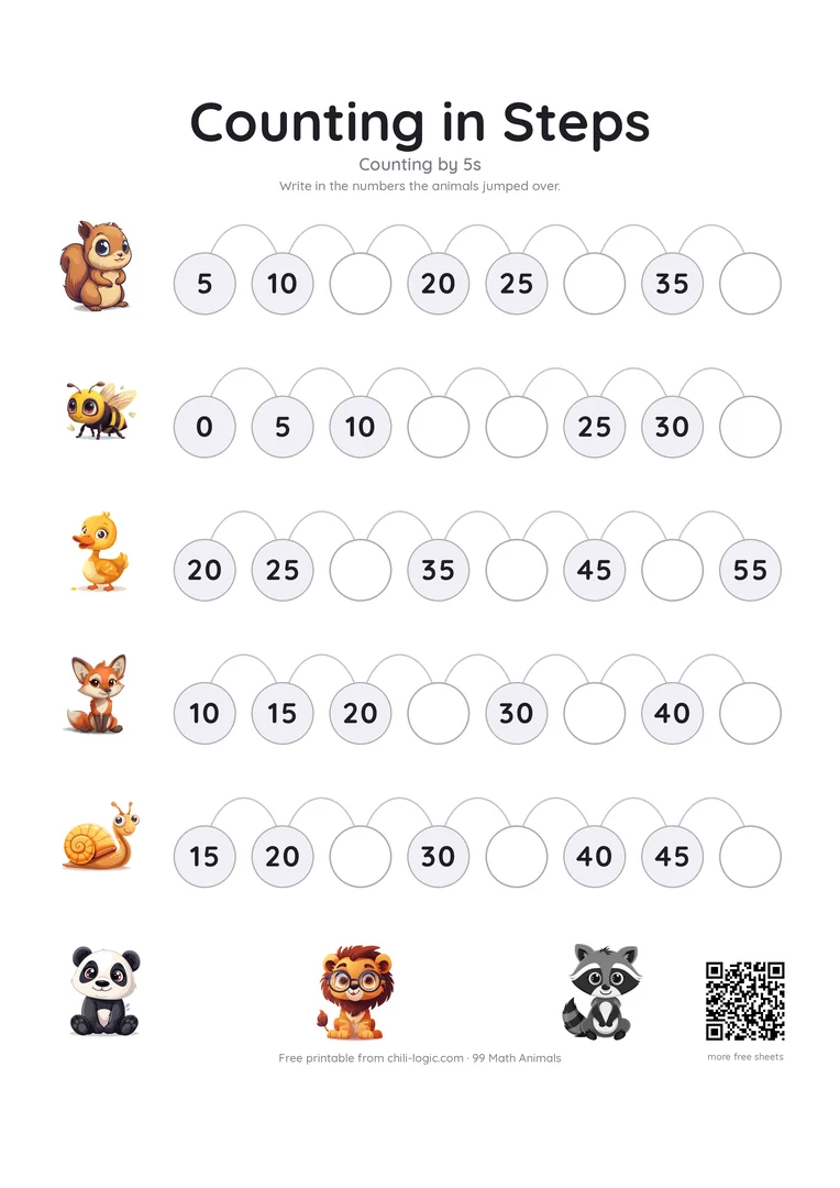 Skip counting page 2: five tracks counting in fives, with hop arcs and missing numbers to fill in.