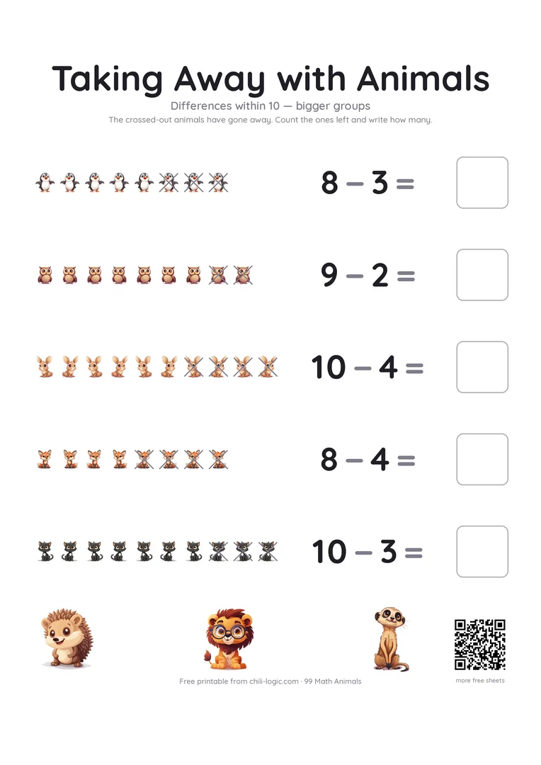 Subtraction page 2: five rows of up to ten animals, the last few crossed out, with a box for the answer.