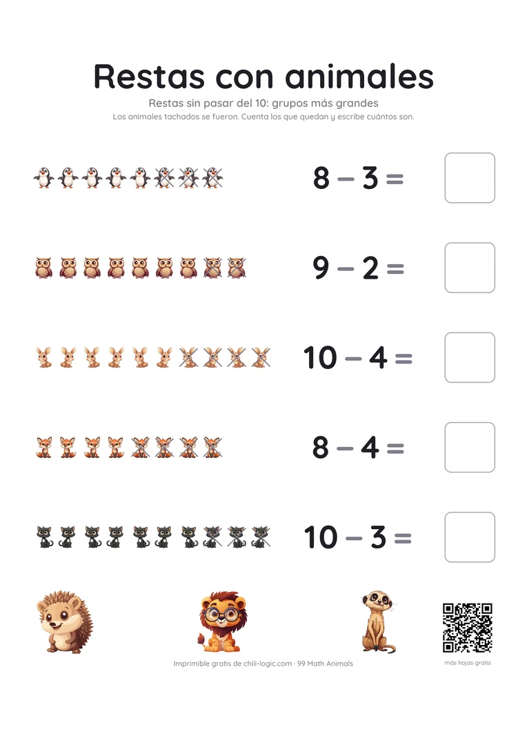 Restas, página 2: cinco filas de hasta diez animales, con los últimos tachados y una casilla para la respuesta.