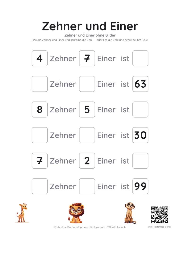Zehner und Einer Seite 3: Zehner und Einer als Zahlen geschrieben, ohne Bilder, bis 99.