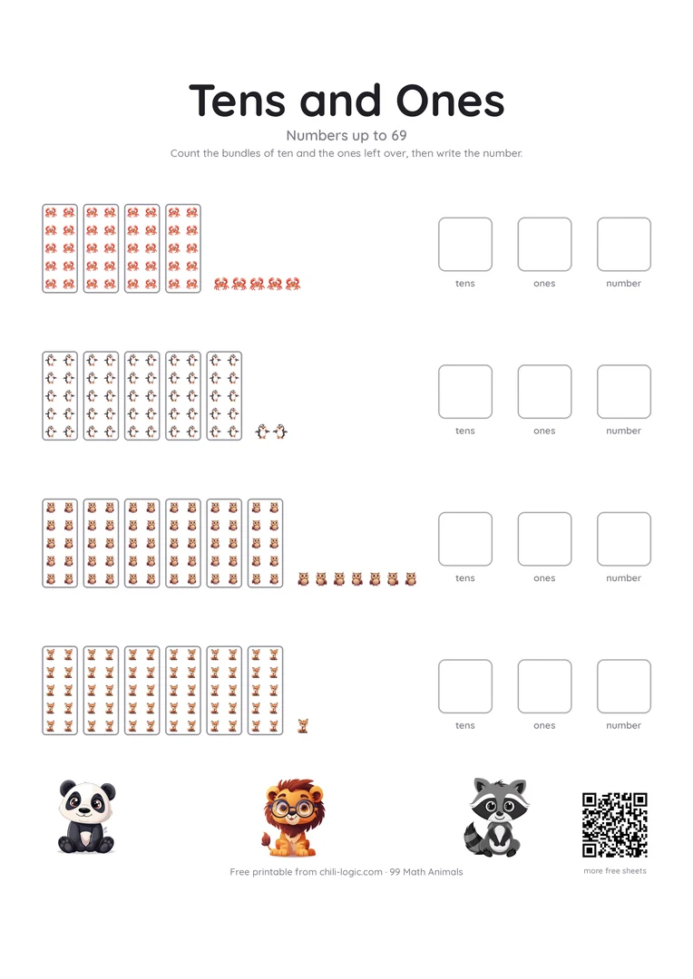 Tens and ones page 2: numbers to 69 shown as bundles of ten animals plus loose ones.