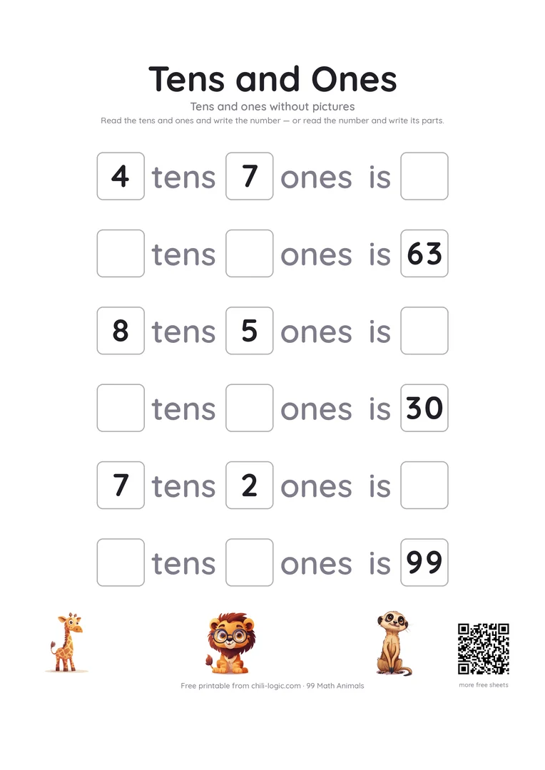 Tens and ones page 3: tens and ones written as numbers, with no pictures, up to 99.