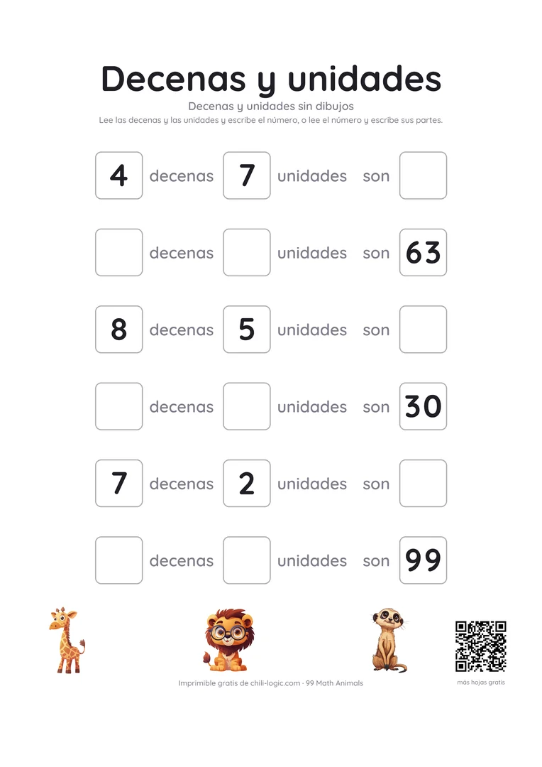 Decenas y unidades, página 3: decenas y unidades escritas como números, sin dibujos, hasta el 99.