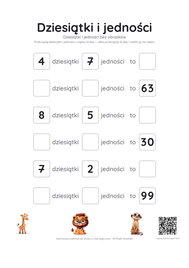 Dziesiątki i jedności, strona 3: dziesiątki i jedności zapisane liczbami, bez obrazków, do 99.